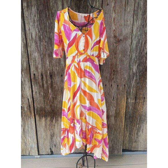 Abel the Label Anthropologie Swish Hi Lo Dress Size X Small Orange Pink Smocking - Picture 1 of 6